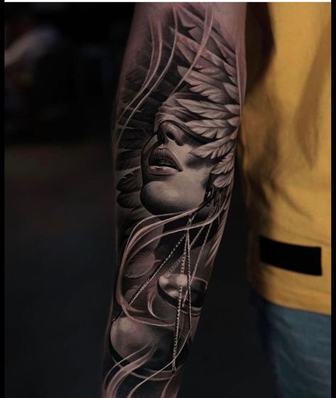 Justice Tattoo, Archangel Tattoo, Lion Tattoo Sleeves, Realistic Tattoo Sleeve, Goddess Tattoo, Muster Tattoos, Angel Tattoo Designs, Geniale Tattoos, Greek Tattoos