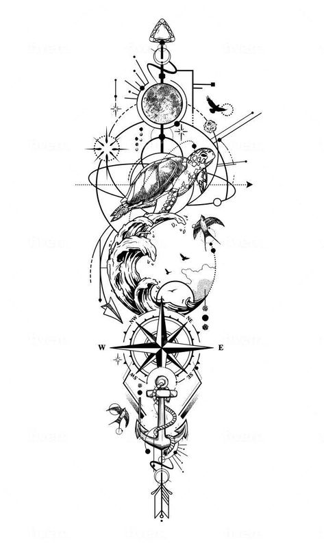 Gideon Tattoo, Tato 3d, Vertical Tattoo, Geometric Tattoo Sleeve Designs, Abstract Tattoo Designs, Compass Tattoo Design, Geometric Tattoo Design, Tattoo Design Book, Line Art Tattoos