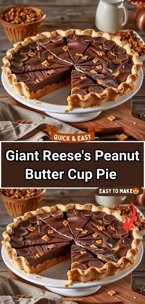 Giant Reese’s Peanut Butter Cup Pie New England Desserts Traditional, Reese Cup Pie, Recipes With Peanut Butter Cups, Reese Puffs Recipes, Reese’s Recipes, Pie Peanut Butter, Peanut Butter And Chocolate, Best Pie For Thanksgiving, Fall Pies Recipes Easy