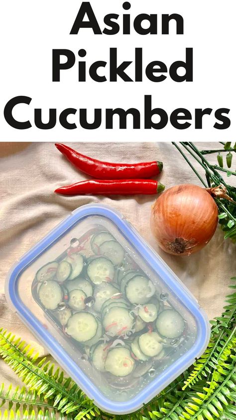 Looking for a quick and easy side dish to serve with your favorite Asian-inspired meals? Try these pickled cucumbers! Made with just a few simple ingredients, including cucumbers, rice vinegar, and sugar, these tangy and flavorful pickles are the perfect complement to any meal. Pin it now and enjoy a delicious and healthy addition to your dinner table! Asian Pickled Cucumbers, Pickled Cucumbers And Onions, Pickling Cucumbers Recipe, Quick Pickle Recipe, Pickled Vegetables Recipe, Vinegar Cucumbers, Japanese Cucumber, Japanese Pickles, Marinated Cucumbers