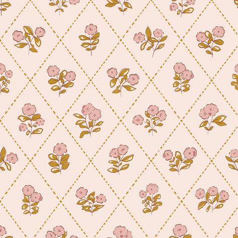 Vintage Floral Harlequin with hand drawn pink flowers and mustard little leaves. This delicate design creates a sense of heartwarming nostalgia, perfect for adding a touch of vintage charm to any room! 20.5 inch vertical repeat of the design 20.5 inches wide and available in lengths of 3, 6, 9 or 12 feet Perfect for upgrading rooms, temporary spaces, bookshelves and more! Matte finish Made in USA Removable Wallpaper with a subtle canvas texture, designed for easy DIY application and removal. Bes Retro Wallpaper Bedroom, Retro Pink Wallpaper, Small Print Wallpaper, Vintage Textiles Patterns, Guest Room Wallpaper, Bible Painting, Vintage Fabric Patterns, Coquette Cottage Core, Hydrangea Wallpaper