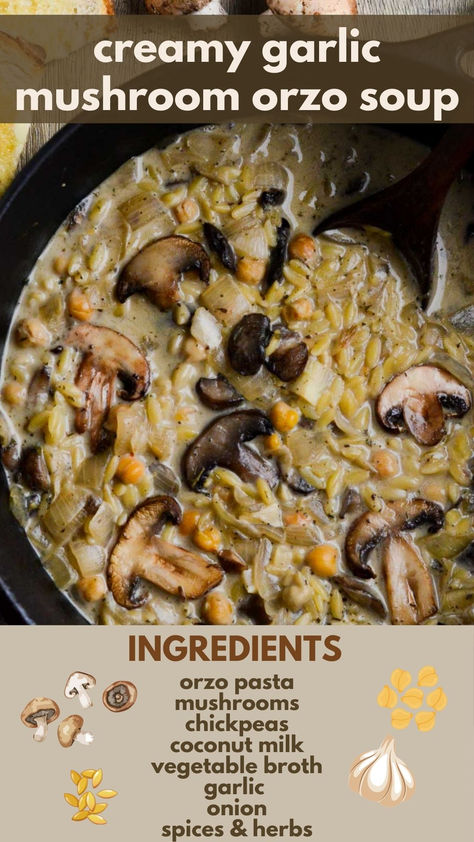 This is the ultimate cozy soup that tastes like a mixture of a risotto and a wild rice soup- put together in one! This creamy Garlic Mushroom Orzo Soup combines savory umami mushrooms with flavorful garlic, tender orzo pasta, and a heavenly cream broth. Trust me, one bite of this and you will be in love with this recipe! This is the perfect winter soup recipe that the whole family will love! This is also a vegan soup (but you would never guess it!!) Super Green Mushroom And Orzo Soup, Mushroom Orzo Recipes Healthy, Vegan Mushroom Orzo Recipes, Orzo Soup Vegan, Creamy Vegan Mushroom Wild Rice Soup, Creamy Garlic Mushrooms, Mushroom Varieties, Winter Soup Recipe, Orzo Soup