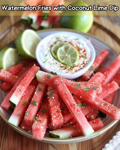 Watermelon Fries With Coconut Lime Dip, Coconut Lime Dip, Watermelon Fries, Lime Dip, February Quotes, Family Dinner Party, Salsa Dips, Refreshing Food, Summer Eating