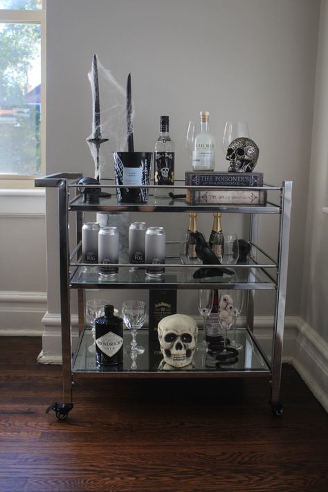 Bar Cart For Men, Gothic Bar Cart, Spooky Bar Cart, Goth Bar Cart, Bar Cart Ideas Apartments, Masculine Bar Cart, Goth Apartment Decor, Coffee Bar Cart Ideas, Classy Bar Cart