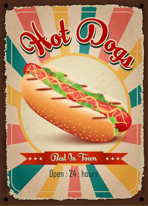 Hot dogs vintage restaurant sign. Fast food vintage poster. Retro design with big hamburger on old metal background red and turquoise colors. Wall decoration printing media. Vector EPS10 illustration. Food Vintage Poster, Tacos Bar, Restaurant Sign, Food Vintage, Bar Metal, Metal Background, Restaurant Signs, Vintage Restaurant, Dog Poster