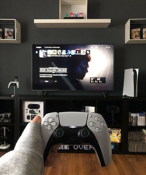 Ps5 Aesthetic Setup Living Room, Ps4 Setup Bedroom, Ps5 Setup Bedroom Tv, Ps4 Setup Ideas, Playstation 5 Setup, Playstation 5 Aesthetic, Game Console Aesthetic, Ps5 Room, Ps4 Gaming Setup