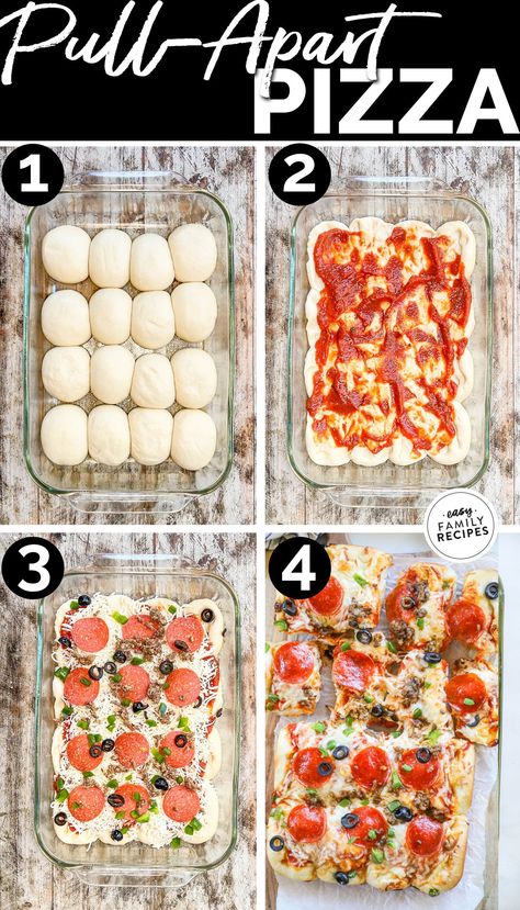 Pizza night is SO fun with this easy pull-apart version! My kids love making this pull apart pizza bread almost as much as they love eating it. All you need is frozen dinner rolls, pizza dough, or biscuit dough, your family’s favorite pizza toppings, and a baking dish to make a tearable, easy-to-share pizza. It’s the perfect recipe to cook with kids and makes an excellent weeknight dinner. Or it can be a game day appetizer, a shareable party food recipe, or just a snack for your hungry kids! Shareable Food Easy Recipes, Pull Apart Pizza Bread Pillsbury Crescent Rolls, Bubble Pizza Recipe Biscuits, Pizza Dough Appetizers, Pillsbury Pizza Dough Recipes, Pizza Pull Apart Bread, Pizza Pull Apart, Pull Apart Pizza, Cheesy Pull Apart Bread