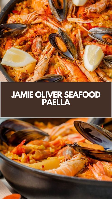 Jamie Oliver Seafood Paella recipe is made with green peppers, red peppers, olive oil, monkfish, squid, mussels, clams, paella rice, saffron, paprika, and prawns the total time to make this recipe is 120 minutes and serves 6 people. Callaloo Recipe, Seafood Paella Recipe, Paella Recipe Seafood, Seafood Risotto, Mussels Recipe, Paella Pan, Seafood Paella, Paella Recipe, Jamie Oliver Recipes