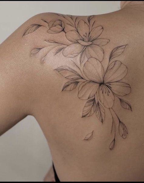 Feminine Shoulder Tattoos, Shoulder Cap Tattoo, Floral Back Tattoos, Floral Tattoo Shoulder, Shoulder Blade Tattoo, Flower Tattoo Back, Tattoo Minimalist, Tattoos For Women Flowers, Flower Tattoo Shoulder