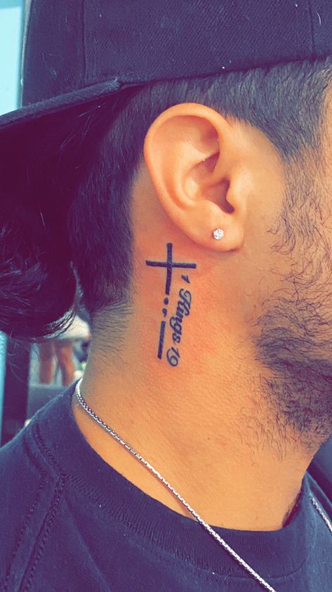 Guy Behind Ear Tattoo, Christian Neck Tattoos For Men, Neck Tattoo For Guys Small Words, Men’s Tattoo Behind Ear, Tattoos Behind The Ear For Men, Cross Tattoos For Men Neck, Under Ear Tattoo Men, Behind The Ear Tattoo Ideas For Men Guys, Side Of Neck Tattoo Men