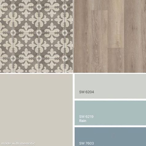 Blue Grey White Brown Color Palette, Floor And Wall Color Combinations, House Color Palettes, Interior Design Boards, House Color Schemes, Paint Color Palettes, Sherwin Williams Paint Colors, Grey Flooring, Interior Paint Colors