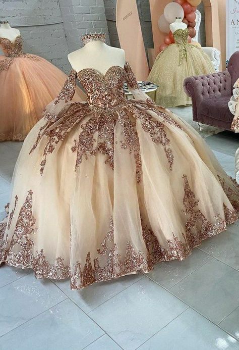 Princess Gowns Aesthetic Ball, White And Rose Gold Sweet 16 Dress, 15 Dresses With Sleeves, Rose Gold Dress Sweet 16, Champagne Color Quinceanera Dress, Extra Quinceanera Dresses, Brown Quince Dress, Quince Dresses With Sleeves, Quince Dresses Gold