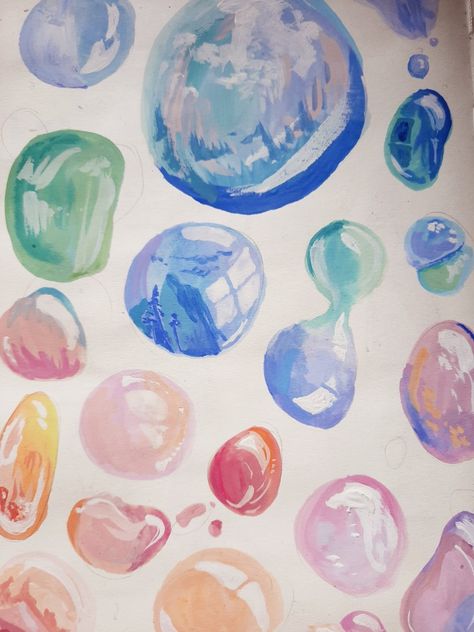 gouache bubbles in sketchbook Bubble Painting Watercolor, Watercolor Art Bubble, Bubble Colored Pencil, Bubble Drawing Reference, Bubble Oil Pastel, Gouache Bubbles, How To Paint Bubbles Watercolor, Color Pencil Bubbles, Bubble Watercolor Painting