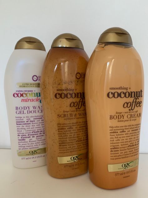 Coffee fragrance, coconut fragrance, coffee lotion, vanilla body wash, ogx Ogx Body Wash And Lotion, Coconut Coffee Body Cream, Vanilla Body Wash Aesthetic, Vanilla And Coconut Body Care, Coconut Coffee Body Wash, Vanilla Shower Products, Aesthetic Body Wash, Ogx Body Wash, Ogx Coconut Coffee