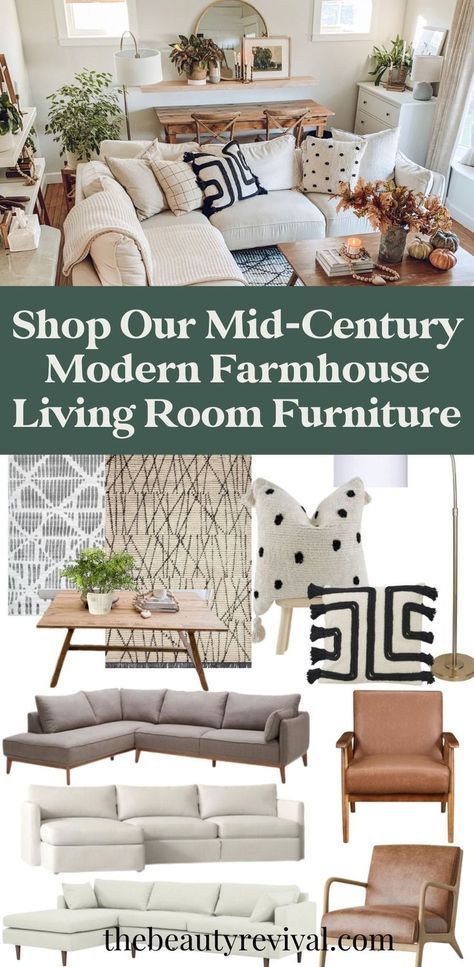 Modern Farmhouse Living Room Furniture, Modern Farmhouse Family Room, Mid Century Modern Living Room Furniture, Cream Sectional, Modern Farmhouse Living Room Ideas, Mid Century Modern Farmhouse, Farmhouse Family Rooms, Modern Farmhouse Furniture, Modern Farmhouse Living Room Decor