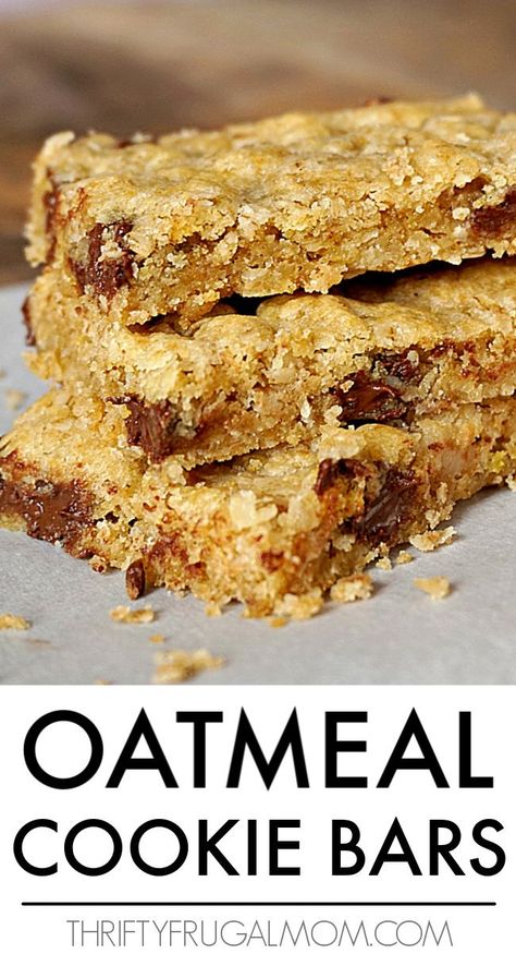 You won't be able to resist these Oatmeal Chocolate Chip Cookie Bars!  They're a super easy to make and deliciously chewy.  And the recipe can be ready to eat in just 20 minutes!  #thriftyfrugalmom #oatmealcookie #easyrecipe #cookiebars #chocoaltechip Oatmeal Chocolate Cookies, Oatmeal Cookie Bars Recipes, Easy Cookie Bars, Pretty Recipes, Oatmeal Chocolate Chip Cookie Bars, Oatmeal Chocolate Chip Bars, Oatmeal Cookie Bars, Cookie Bars Easy, Chocolate Chip Bars