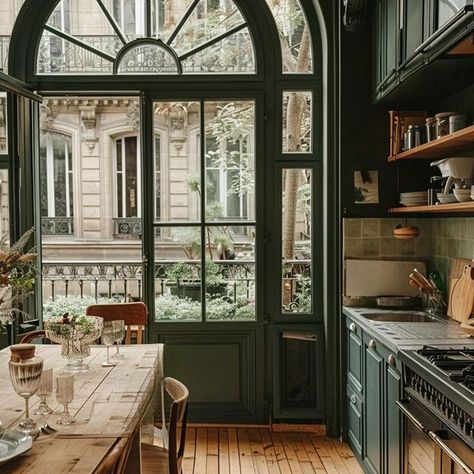 Coming home would always feel like a dream if I lived in this beautiful Victorian home. I adore the arched curves of the windows and how… | Instagram Parisian Interior Design, Parisian Interior, Forest Green Color, Cozy Kitchen, Kathy Kuo Home, Kitchen Makeover, Double Doors, Forest Green, Victorian Homes