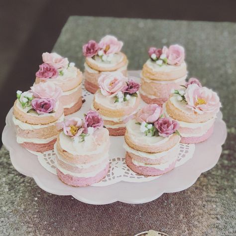 Mini Naked Cakes Bridal Shower, Mini Cake Favors, 3 Inch Mini Cakes, Mini Cakes For Tea Party, Tea Party Theme Cupcakes, Bridal Shower Mini Cakes, Tea For Two Cupcakes, High Tea Cake Ideas, Personal Cakes Mini Wedding