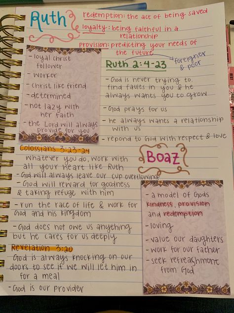 Jesus Notes Bible Studies, Bible Study Notes Journal Exodus, Roman’s Bible Study Notes, Christian Notebook Ideas, Ruth Bible Study, Journal Ideas Christian Girl, Journal Ideas For Christian’s, Ruth Bible, Journal Bible Quotes