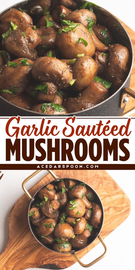 These roasted mushrooms are the perfect addition to your holiday table! The white mushrooms are sautéed with garlic, making it a healthy side dish everyone will love. Save this pin and make these roasted mushrooms now to impress your guests! How To Saute Mushrooms, Thanksgiving Mushrooms, Easy Holiday Dinner Recipes, Steakhouse Mushrooms, Saute Mushrooms, Garlic Mushrooms Recipes, Butter Mushrooms, Holiday Dinner Recipes, Garlic Butter Mushrooms