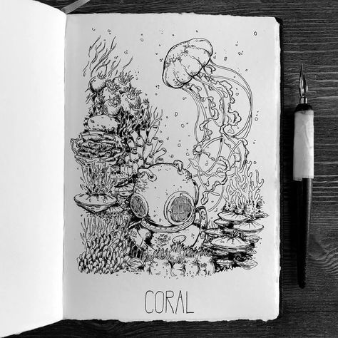 Stippling Ink Drawing Ink Ocean Drawing, Ink Fantasy Art, Drawings Of Coral, Ocean Bottom Drawing, Underwater Pen Drawing, Coral Art Drawing, Sea Bottom Drawing, Bottom Of The Sea Drawing, Ocean Pen Drawing