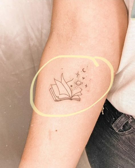 Book Tattoo Behind Ear, Book Space Tattoo, Book Flower Tattoo Ideas, Book Shoulder Tattoo, Book Tattoo Wrist, Butterfly And Book Tattoo, Butterfly Book Tattoo, Book And Music Tattoo, Book Tattoo Minimalist