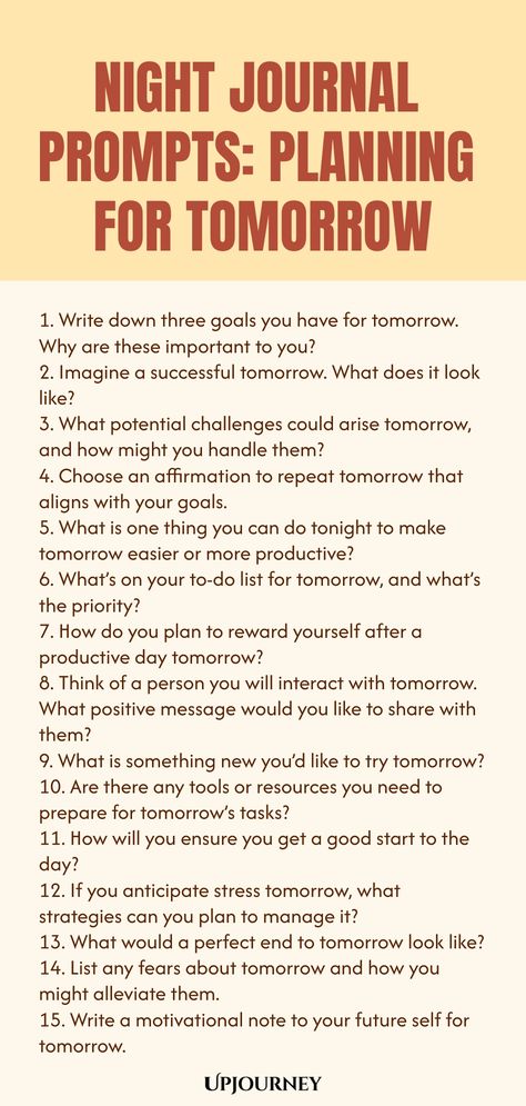 Explore a collection of thought-provoking night journal prompts to help you reflect on your day and plan for tomorrow. These prompts are designed to guide your thoughts and emotions, making journaling a meaningful experience before bedtime. Unleash your creativity, set intentions, and cultivate self-awareness through the power of writing. Incorporating these prompts into your nightly routine can enhance productivity, self-growth, and overall well-being. Start tonight and see the positive impact Meaningful Journal Prompts, Journal Prompts For Creativity, Dream Prompts, Night Journal Prompts, Journal Writing Ideas, Plan For Tomorrow, Reflect On Your Day, Night Journal, Thoughts Journal