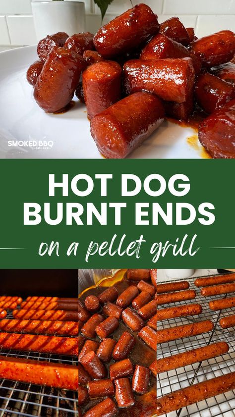 Four image collage of pellet grill smoked hot dog burnt ends. Burnt End Hot Dogs, Hot Dog Burnt Ends, Smoked Bbq, Burnt Ends, Party Appetizer, Pellet Grill, To Be Loved, Hot Dogs, Appetizer