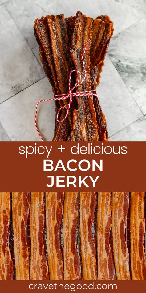 Bacon Jerky is super easy to make! This bacon jerky recipe can be made in the oven, in a food dehydrator or smoked. I'll walk you through how to make this delicious candied bacon snack! Choose your own flavor adventure with this recipe, maple, brown sugar, honey, sriracha, cayenne. | cravethegood.com Bacon Jerky Recipe Dehydrator, Jerky Recipes Dehydrator, Oven Jerky, Jerkey Recipes, Dehydrating Food Storage, Bacon Jerky, Homemade Beef Jerky, Food Dehydration, Homemade Jerky