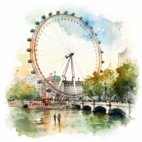 London Eye Painting, London Painting, Watercolor Paintings Nature, Watercolor City, Interior Architecture Drawing, Pastel Poster, Png Art, Watercolor Architecture, Architecture Drawing Art