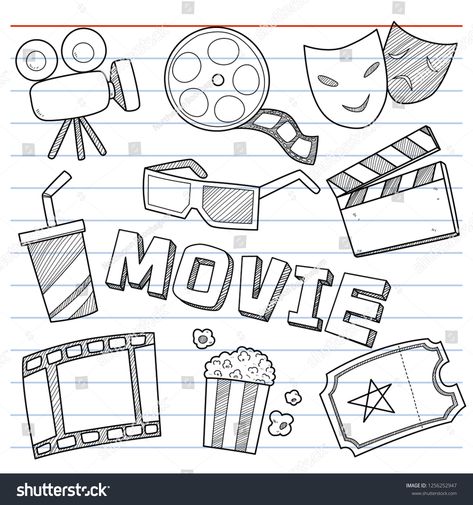 set of cinema symbol in doodle style for decoration. movie icon.symbol#doodle#set#cinema Cinema Doodle Art, Movie Doodle Art, Movie Night Doodles, Film Drawing Sketches, Movie Sketches Drawings, Hollywood Doodles, Theatre Doodles, Movie Night Drawing, Drama Doodles