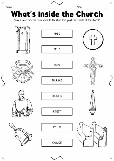 19 Inside A Catholic Church Worksheet - Free PDF at worksheeto.com Catholic Prayers For Kids, Reconciliation Catholic, Jesus Notes, Formation Ideas, Catholic Kids Activities, Kids Worksheet, Catholic Doctrine, School Prayer, Sunday School Classroom