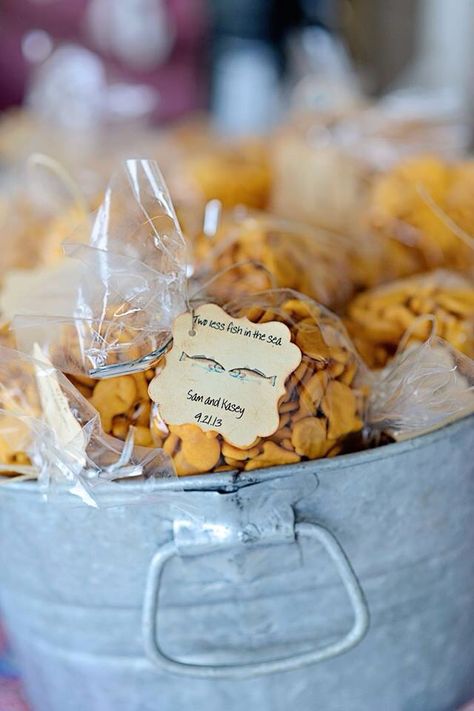 Two less fish in the sea. Bags of goldfish for wedding favors. Wedding Favors For Kids, Fishing Themed Wedding, Wedding Favor Table, Fishing Wedding, Rehearsal Dinner Ideas, Fish In The Sea, Sea Wedding, Sea Bags, Rustic Wedding Favors