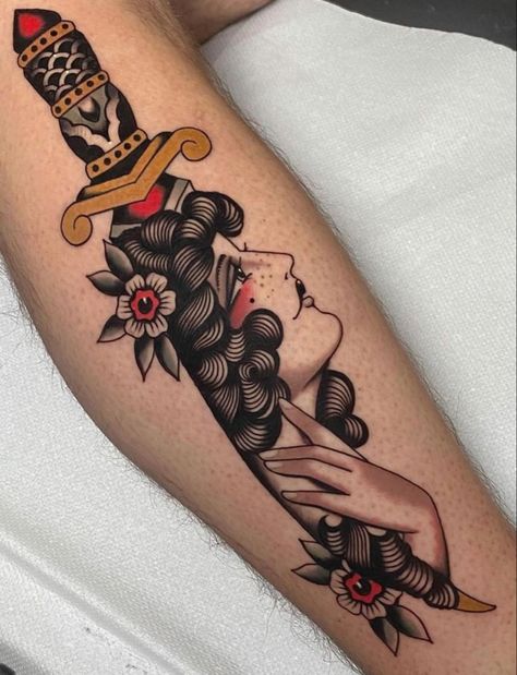 Traditional Tattoo Girls, Traditional Dagger Tattoo, Traditional Tattoo Woman, Traditional Tattoo Drawings, Traditional Tattoo Inspiration, Traditional Style Tattoo, Traditional Tattoo Sleeve, Tattoo Traditional, Old School Tattoo Designs