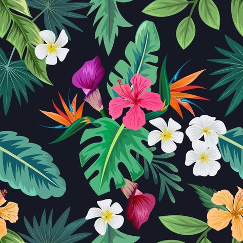 patrón transparente con hermosas flores tropicales y hojas de fondo exótico. Tropical Flowers, Flowers And Leaves, Seamless Pattern, Seamless Patterns, This Is Us, Mural, Canvas Art, For Free, Clip Art