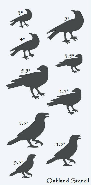 Primitive Stencil with 9 Crows This is a brand new stencil cut from commercial grade Clear 7 mil Dura-lar (Mylar) that can be used and cleaned over and over again. It has 3 different Crows in 3 different sizes. The first crow comes in 3", 4" and 5". The middle crow comes in 3 1/2", 4 1/2" and 5 1/2". The bottom crow comes in 3 1/2", 4 1/2" and 5 1/2". The total stencil size is 12" x 24". Colors in the picture are for sample. The actual stencil is clear and may have bridges . All of our stencils Crow Stencil, Airbrush Crafts, Primitive Crows, Crafts Wall Decor, Primitive Crow, Painting Signs, Primitive Signs, Crows Ravens, Custom Stencils