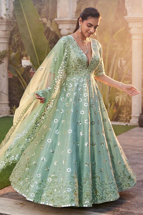 Pastel Anarkali Suits, Designer Anarkali Dresses Party Wear, Sea Green Anarkali, Anarkali Dress Party Wear, Intricate Mirror, Sheer Dupatta, Green Anarkali, White Anarkali, Designer Anarkali Dresses