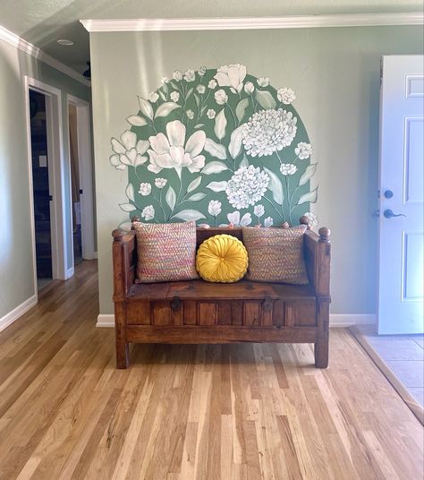 #mural #painting #livingroommural #floral #floralart #midcenturymodern #entryroom #entryway #greenmural #blackandwhite #blackandwhitemural Indian Mural Wall Art Living Room, Floral Wall Painting Ideas Hand, Flower Mural Mountain, Large Floral Wall Stencils, Lotus Wall Mural Painting, Home Wall Painting, Floral Mural, Living Room Murals, Wall Paintings