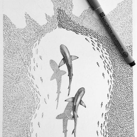 Fish Black And White, Dotted Drawings, Shark Drawing, Stippling Art, Ocean Tattoos, Shark Art, Shark Tattoos, Black And White Illustrations, Piece Of Paper