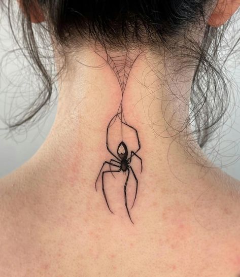 Spine Tattoos Symbols, Spider Nape Tattoo, Chest Spider Web Tattoo, Back Of Neck Spider Tattoo, Black Widow Spider Web Tattoo, Spider Arm Tattoo Women, Spooky Spine Tattoos For Women, Spider Fairy Tattoo, Small Spider Tattoo Ideas