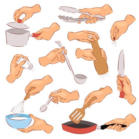 Cooking Pose Reference Drawing, Healthy Illustration, Cook Illustration, Hands Vector, Food Illustration Design, Illustration Kitchen, Kitchen Icon, Kitchen Drawing, Thumbnail Sketches