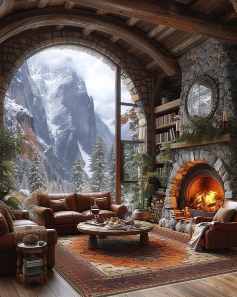 Fantasy Fireplace, Circular Fireplace, House In Mountains, Fantasy House Interior, Fireplace Indoor, Circular Window, Fantasy Cottage, Kitchen 2024, Log Home Living