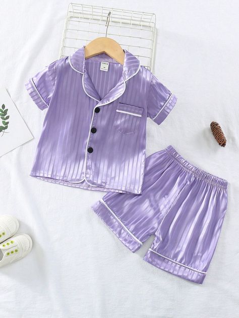 Meninas Da Criança Tubula�ção De Contraste Cetim Conjunto De Pijama Roxo Casual  Manga Curta  Simples Conjuntos de shorts Não elástico  Young Girls Clothing, size features are:Bust: ,Length: ,Sleeve Length: Pajamas Aesthetic, Satin Pyjama, Satin Pj Set, Silk Pajama Set, Striped Bodysuit, Satin Pyjama Set, Girls Stripes, Bedtime Routine, Night Wear