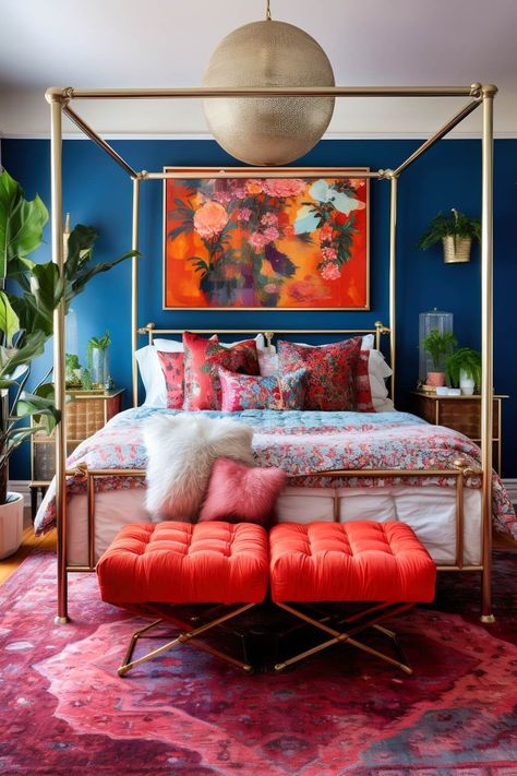 Romantic Maximalist Bedroom, Groovy Bedroom, Colorful Environment, Maximalist Room, Maximalist Bedroom, Bright Bedroom, Condo Decorating, Interior Design Themes, Redecorate Bedroom