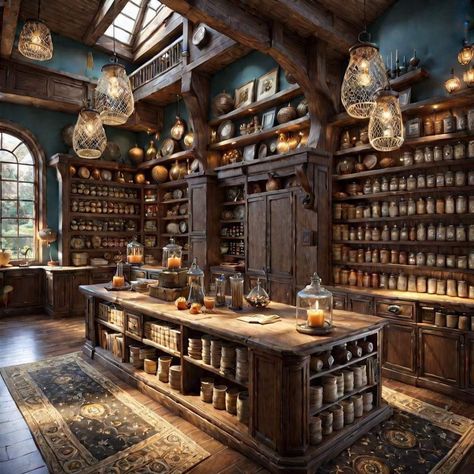 Gothic Shop Interior, Medieval Shop Interior, Fantasy Herbalist Shop, Fantasy Antique Shop, Antique Shop Aesthetic, Fantasy Potion Shop, Steampunk House Interiors, Apothecary Pantry, Medieval Apothecary Aesthetic