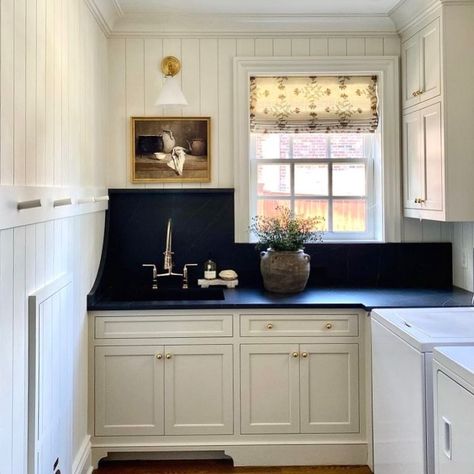 Heather Chadduck Textiles (@heatherchadducktextiles) • Instagram photos and videos Soapstone Counter Laundry Room, Laundry Room And Mudroom Design, Humphrey Munson Laundry Room, Black Countertop Laundry Room, Soapstone Laundry Room, Black Counter Laundry Room, Laundry Room With Wood Countertops, Paneled Laundry Room, Tongue And Groove Laundry Room