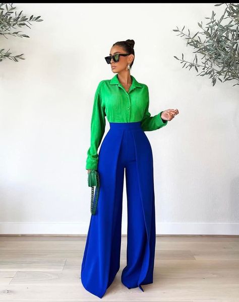 Wide Leg Trousers Summer, Womens Wide Leg Trousers, Blue Trousers Outfit, Green Outfits For Women, Trousers Women Wide Leg, Chic Dress Classy, Color Blocking Outfits, High Waisted Wide Leg Pants, Color Combinations For Clothes