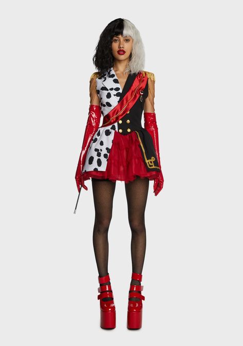 cuz you were born brilliant and a little bit mad. This costume set includes a mini dress that has a dalmatian and solid print colorblock design, a notched collar, chain, medal, and button hardware, fringed shoulders epaulets, a satin sash draped across, a ruffled tiered tulle skirt, a back zipper closure, and comes wit Cruella Deville Costume, Adult Women Halloween Costumes, Costumes Scary, Cruella Costume, Vinyl Gloves, Fairy Costumes, Classy Halloween Costumes, Tiered Tulle Skirt, Best Friend Halloween Costumes