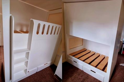 Room divider Bunk Bed Ideas. Splitting room into two for sharing bedrooms just became easy. Enabling privacy for boy and girl sharing. Made to measure. Split Boy And Girl Room, Boy And Girl Room, Bed Sharing, Bunk Bed Ideas, Bedside Units, Bottom Bunk, Bunk Beds With Stairs, Affordable Bedding, Top Bunk