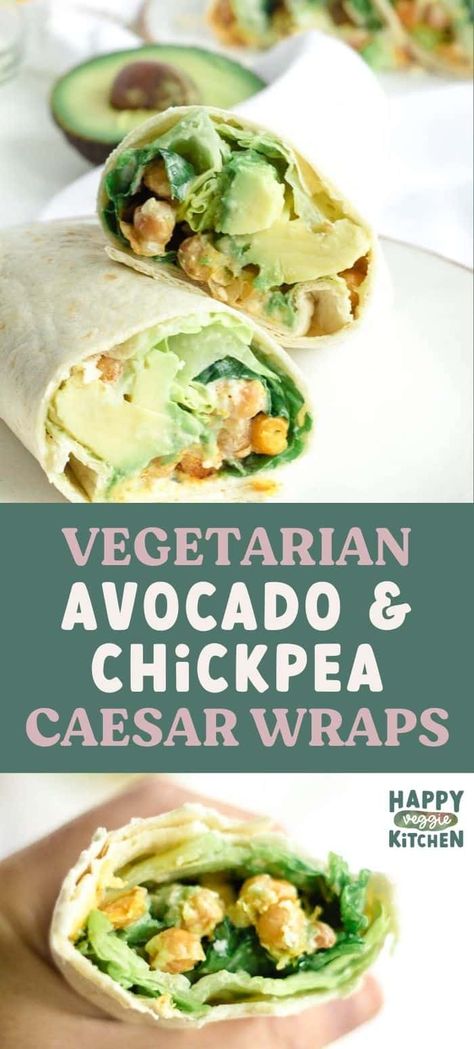 Tasty vegetarian Caesar wraps with avocado and crispy, smoky chickpea croutons! Delicious and easy, you can use a premade Caesar dressing or my own dressing recipe which is anchovy free and yogurt based. Chickpea Caesar Salad Wrap, Chickpea Avocado Wrap, Chickpea Ceaser Wrap, Chickpea Tortilla Wrap, Chickpea Caesar Wrap, Soul Vegetarian Recipes, Wraps With Avocado, Yogurt Caesar Dressing, Vegetarian Wrap